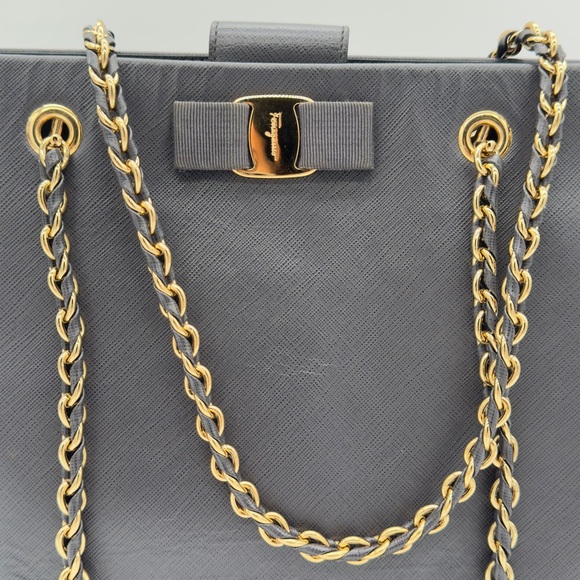 Salvatore Ferragamo Leather Chain Tote Bag Handbag Grey Gold - Picture 7 of 16